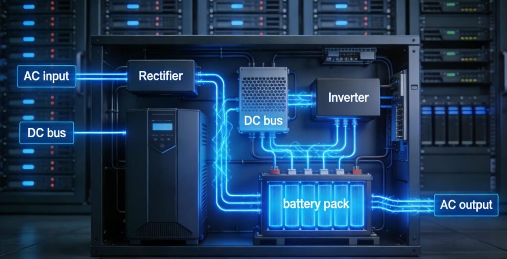 Arquitetura do sistema UPS de dupla conversão