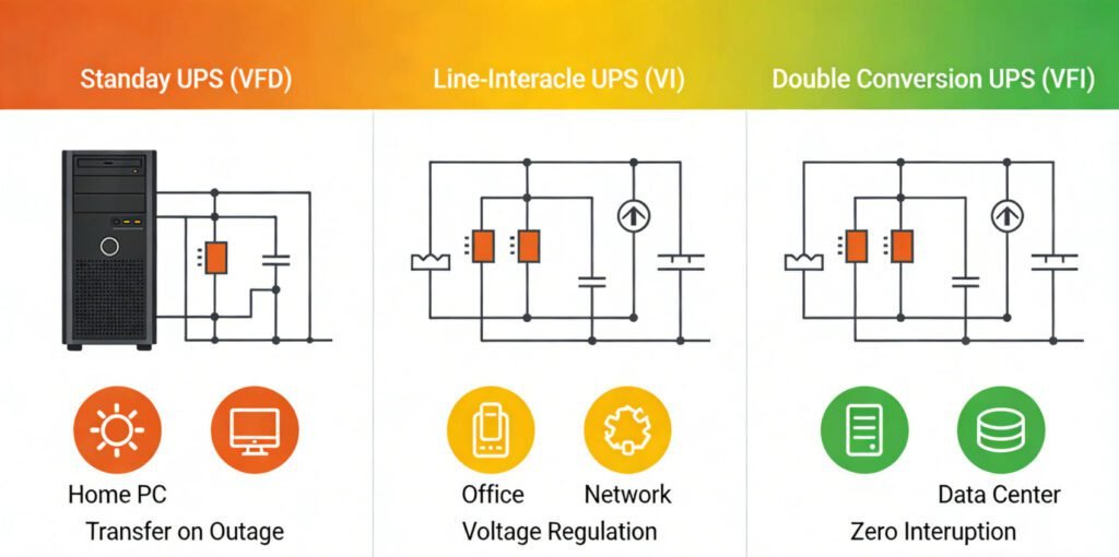 Infografia de comparação de três topologias de UPS